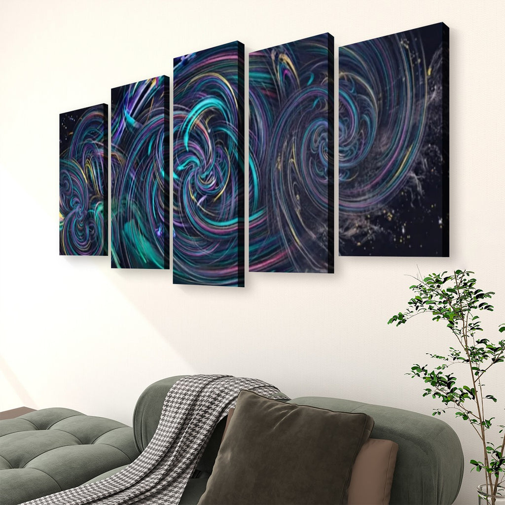 A five-panel canvas wall art set featuring an abstract swirling cosmic design in dark blue, black, teal, and purple, displayed on a white wall above a green sofa with a throw blanket and a potted plant.