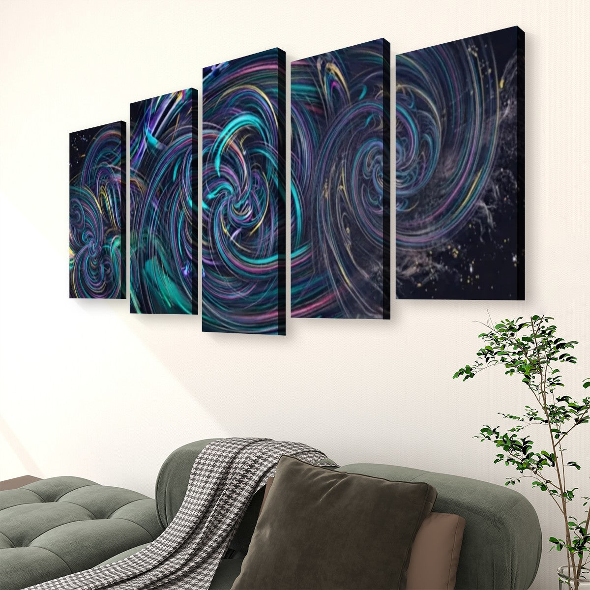 A five-panel canvas wall art set featuring an abstract swirling cosmic design in dark blue, black, teal, and purple, displayed on a white wall above a green sofa with a throw blanket and a potted plant.