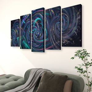 A five-panel canvas wall art set featuring an abstract swirling cosmic design in dark blue, black, teal, and purple, displayed on a white wall above a green sofa with a throw blanket and a potted plant.