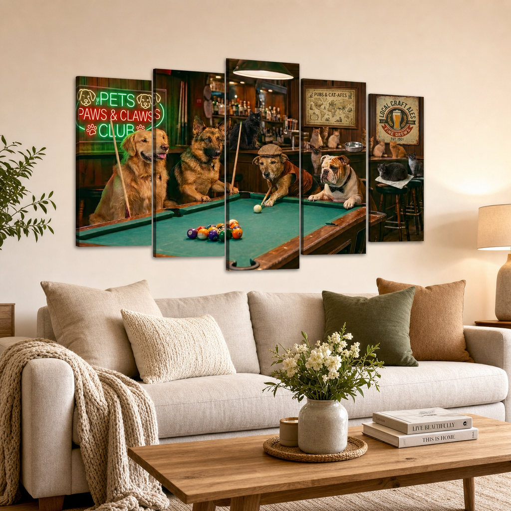 A five-panel canvas wall art set depicting four golden retrievers playing pool in a bar, displayed on a beige wall above a modern light gray sofa in a styled living room.