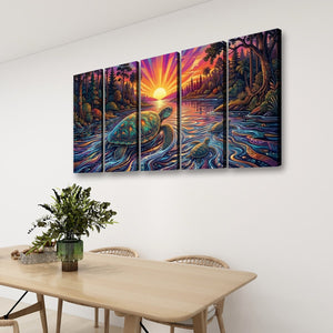 A four-panel canvas wall art set depicting a colorful sunset over a lake with sea turtles, displayed on a white wall above a light wood dining table with chairs and a potted plant.