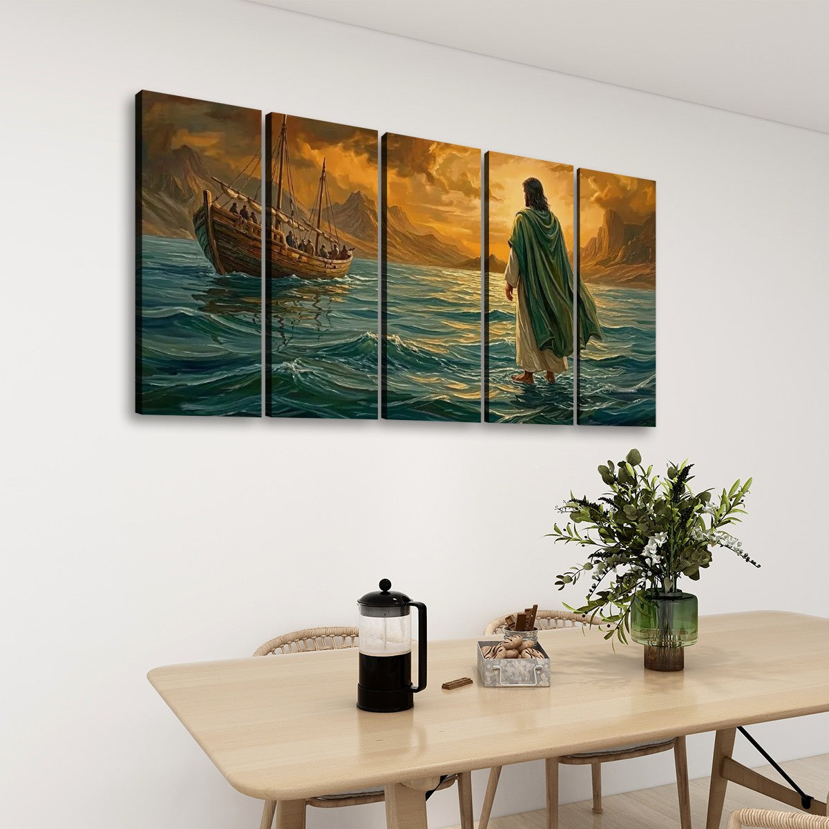 Jesus Walking on Water Stormy Seas Canvas Wall Art | 5-Panel Level & Diamond | 3 & 1 Panel