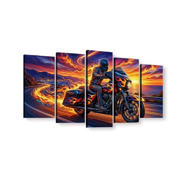 A 5-panel canvas wall art set depicting a motorcyclist riding a motorcycle on a winding coastal road at sunset, with dramatic orange, yellow, purple, and blue flames and sky.