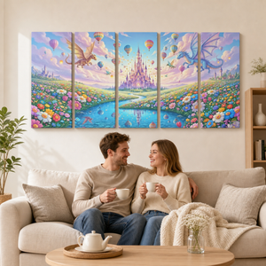 Magical Castle Hot Air Balloons & Dragons Canvas Wall Art | 1, 3 & 5 Panel Kids Fantasy Print