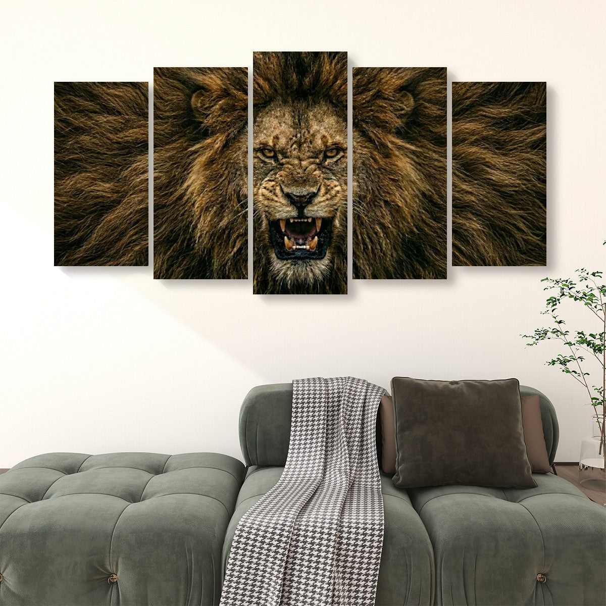 A five-panel canvas wall art set depicting a roaring lion's face and mane, displayed above a green sofa in a modern living room setting.