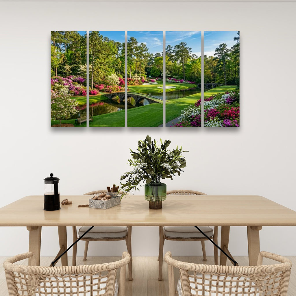 Georgia Golf Course Canvas Wall Art — Flowers, Water & Bridge Multi-Panel Print