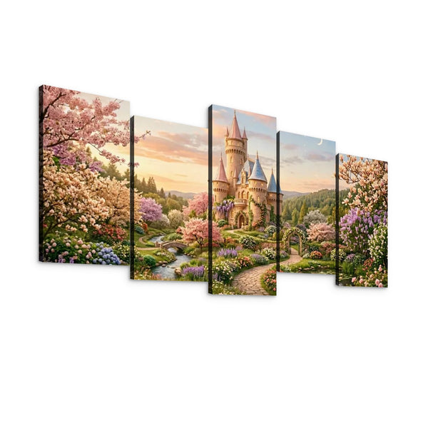 A five-panel canvas wall art set depicting a whimsical fairytale castle surrounded by blooming cherry blossom trees, purple flowers, green hills, and a soft sunset sky.