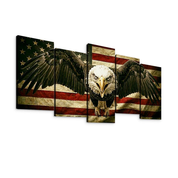 Five-panel canvas wall art showing a bald eagle in front of a distressed American flag, displayed against a plain white background.