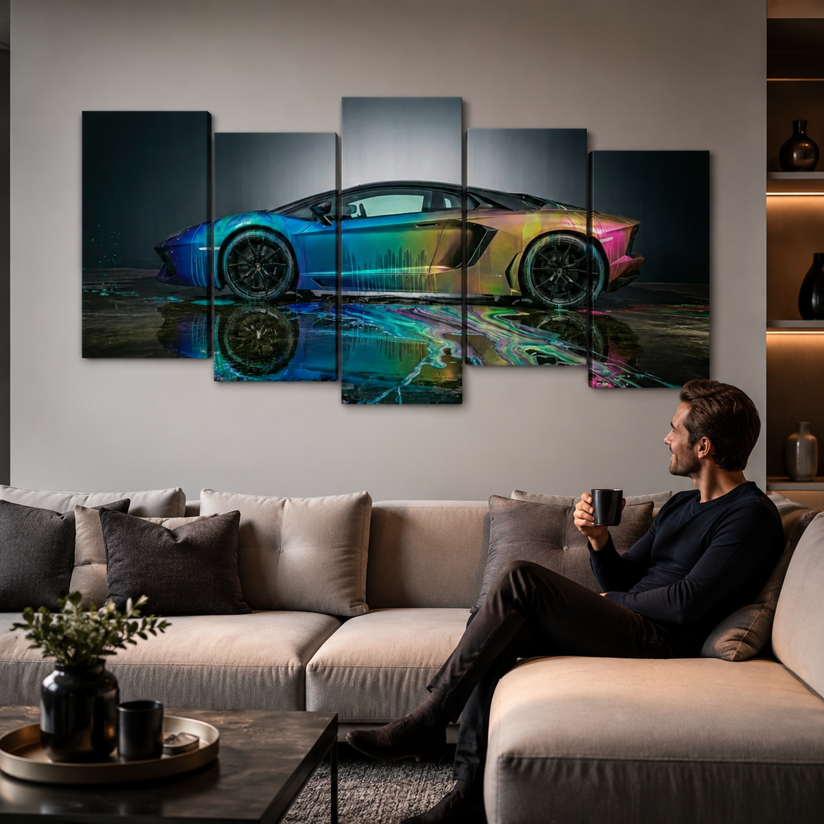 A man sits on a beige sectional sofa in a modern living room, holding a black mug and looking at a five-panel canvas wall art print of a Lamborghini Aventador sports car with a vibrant rainbow gradient.