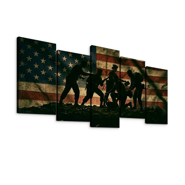 Five-panel canvas wall art showing the silhouette of soldiers against a distressed American flag background, displayed on a plain white wall.