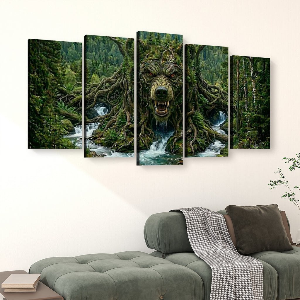 A 5-panel canvas wall art set depicting a giant tree-like bear head with an open mouth, surrounded by a lush green forest and waterfalls, displayed above a modern gray sofa in a living room setting.