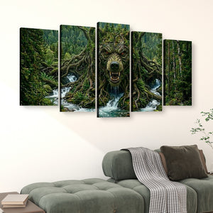 A 5-panel canvas wall art set depicting a giant tree-like bear head with an open mouth, surrounded by a lush green forest and waterfalls, displayed above a modern gray sofa in a living room setting.