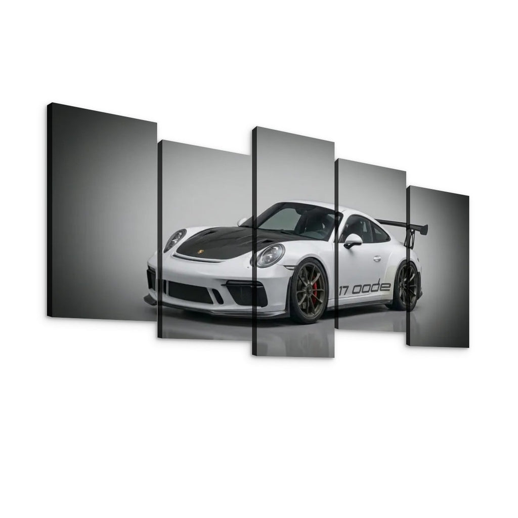 A five-panel split canvas wall art print featuring a white Porsche 911 GT3 with a black hood and dark wheels, shown against a light gray studio background.