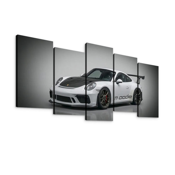 A five-panel split canvas wall art print featuring a white Porsche 911 GT3 with a black hood and dark wheels, shown against a light gray studio background.