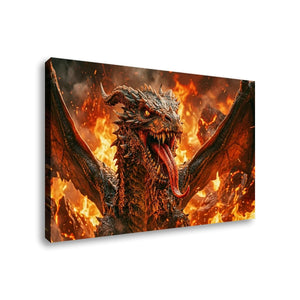 A rectangular wall art canvas showing a dramatic fantasy dragon with wings spread, roaring over flames, photographed against a plain white background.