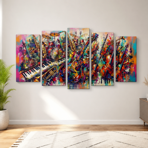 A 5-panel canvas wall art set depicting a colorful, abstract painting of musical instruments including guitars, violins, a piano, and brass instruments, displayed on a light gray wall in a modern room setting.