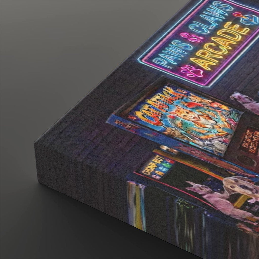 A rectangular canvas print featuring a colorful retro arcade sign and game artwork, photographed at an angle on a dark gray background.