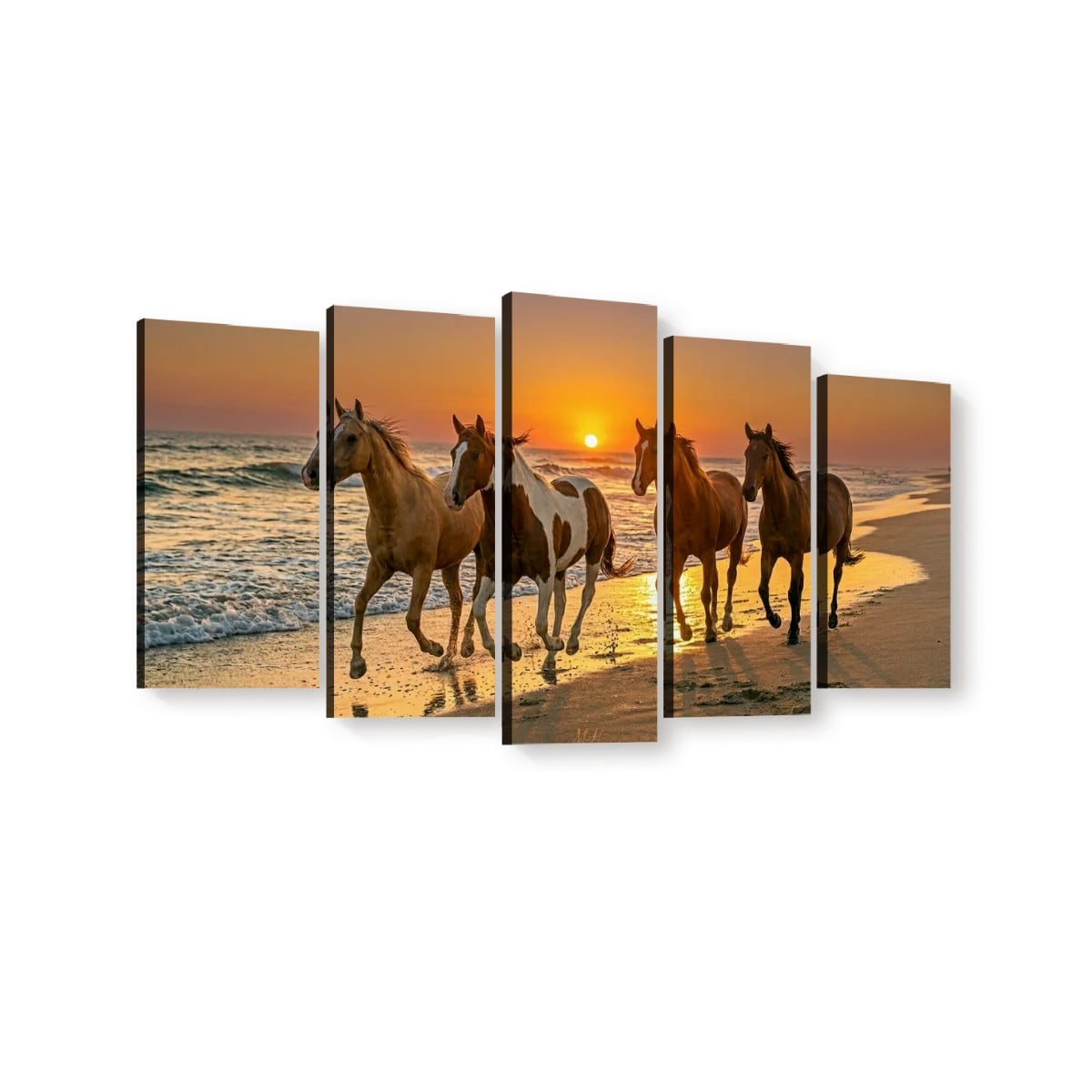 Five-panel canvas wall art showing four horses walking on a beach at sunset, displayed against a plain white background.