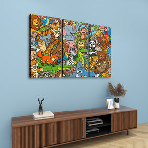 A three-panel canvas wall art print featuring a colorful cartoon jungle scene with many animals, displayed above a wooden console table against a light blue wall.