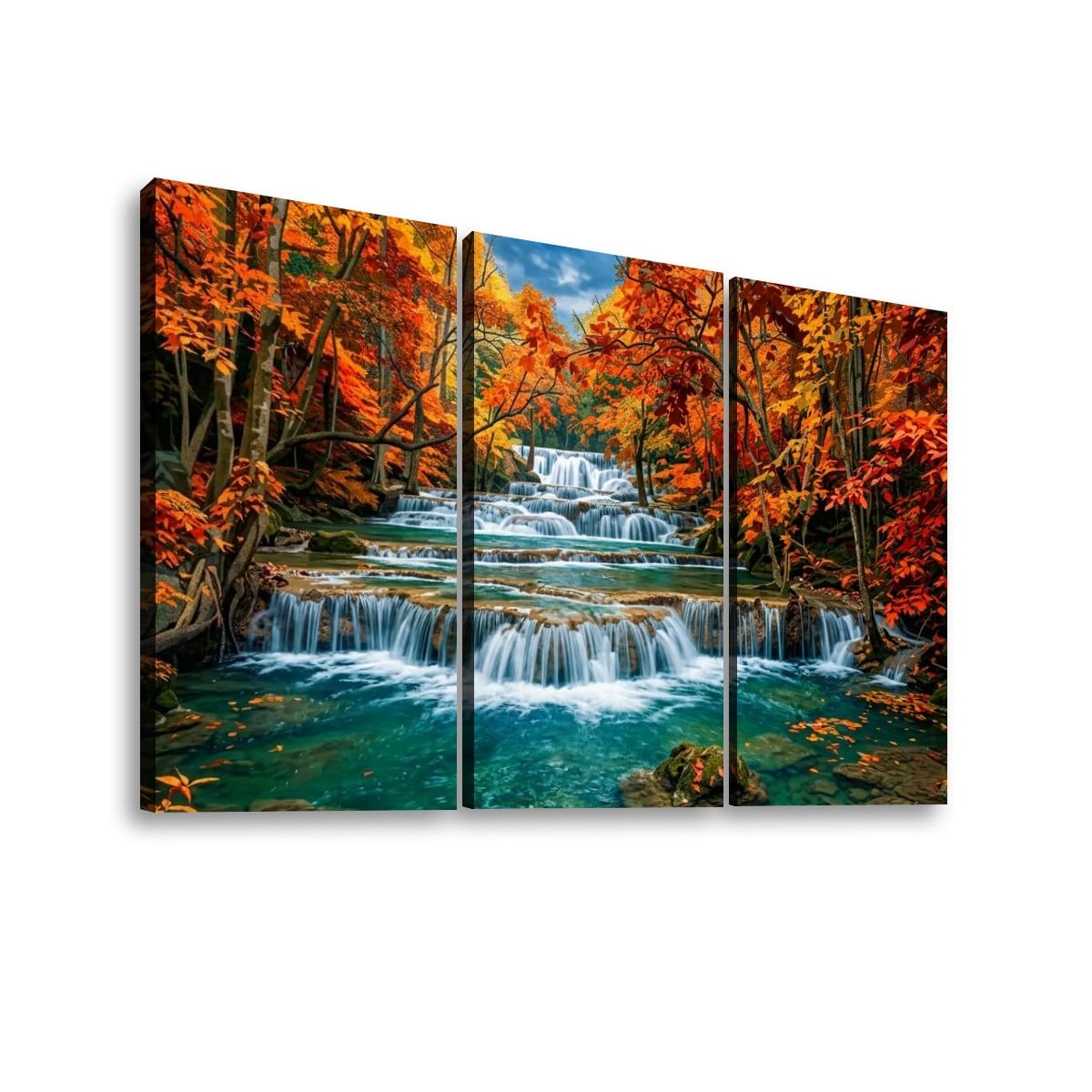 Three-panel canvas wall art showing a colorful autumn forest withHuay Mae Khamin Falls and turquoise stream, displayed against a plain white background.