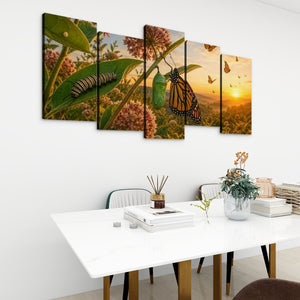 A five-panel canvas wall art set depicting a butterfly and monarch caterpillar scene at sunset, displayed on a white wall above a dining table in a modern room setting.