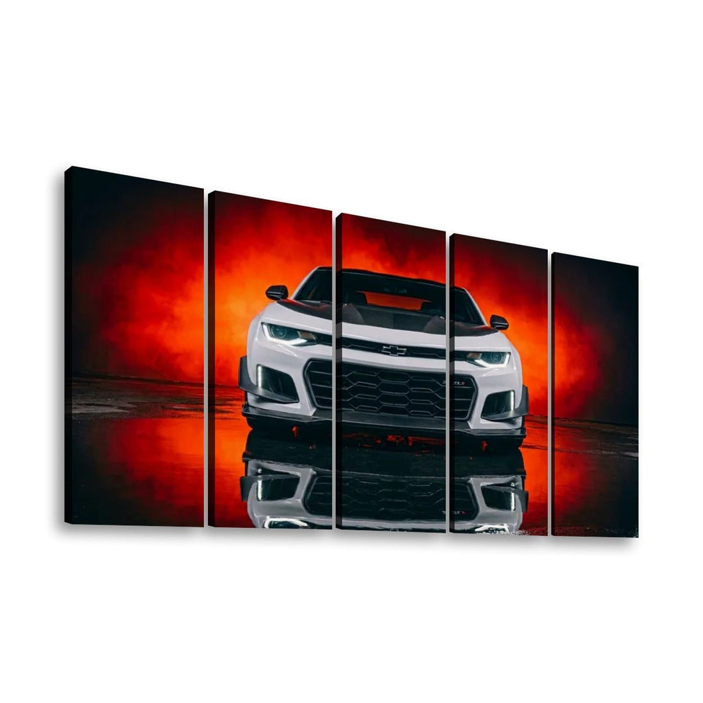 A five-panel canvas wall art set depicting a white Camaro sports car from the front, set against a dramatic red and orange smoky background with a glossy reflection below, shown on a white background.