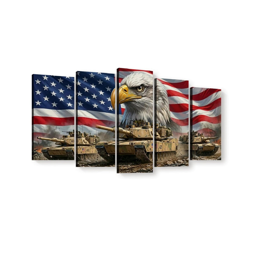 Five-panel canvas wall art showing a bald eagle over military tanks against an American flag background, displayed on a white wall.