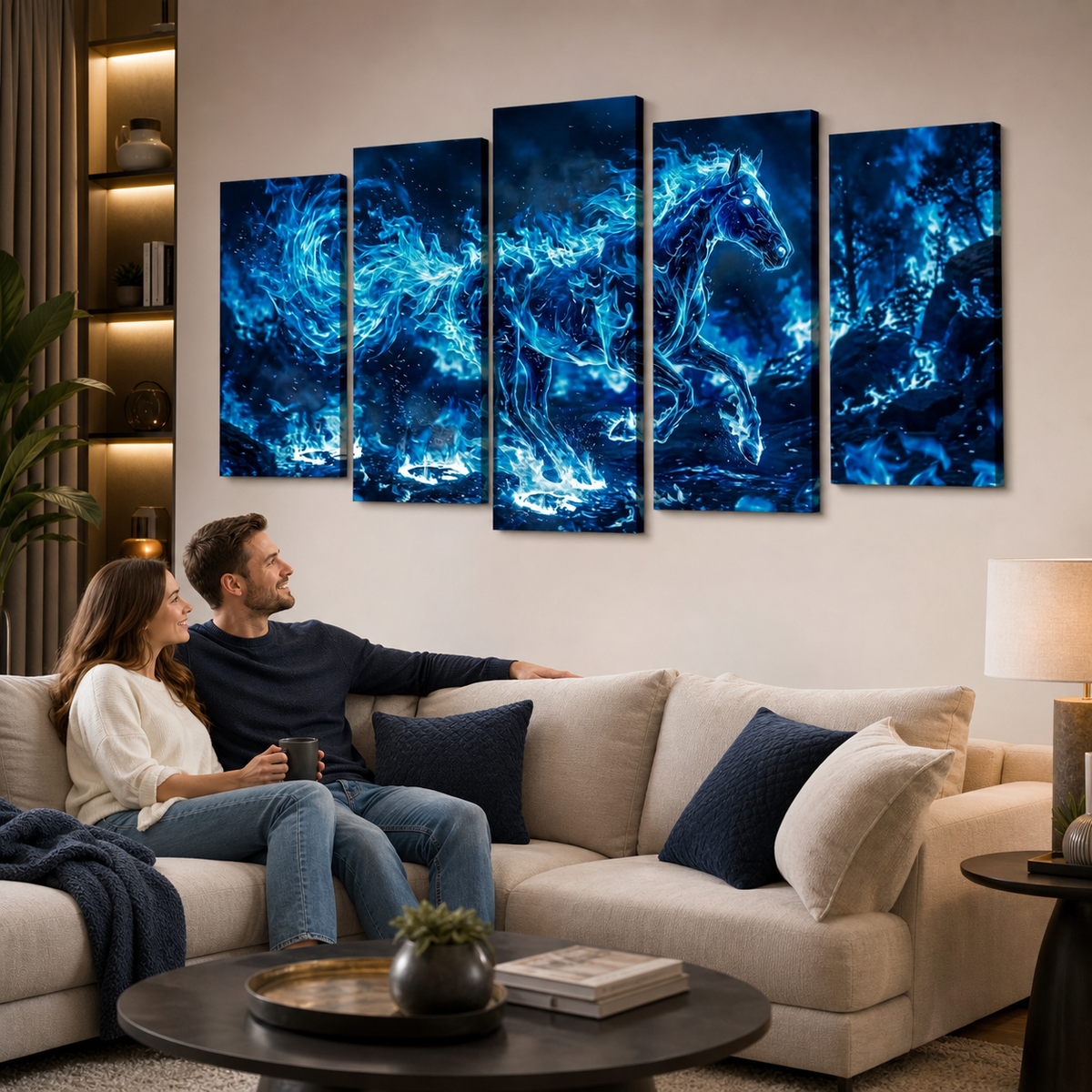 A five-panel canvas wall art set depicting a glowing blue horse in an abstract fluid design, displayed on a beige wall above a modern beige sectional sofa with a couple sitting in the living room.