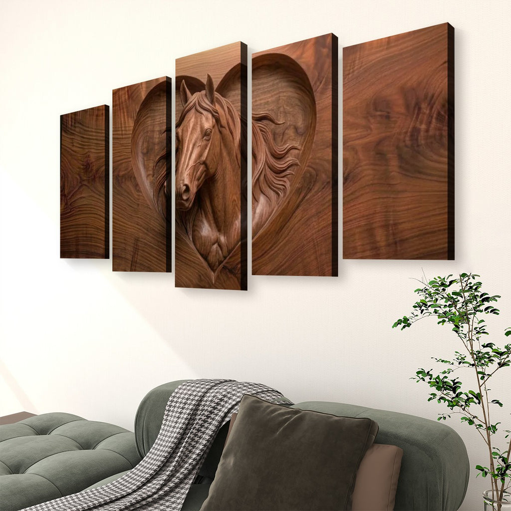 Wood Sculpture Horse Head with Heart 5-Panel Canvas Wall Art