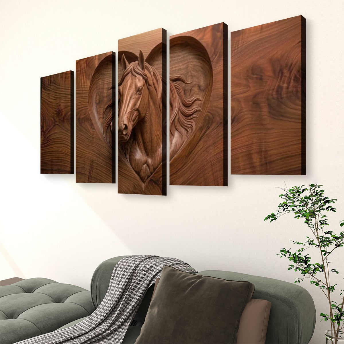 Wood Sculpture Horse Head with Heart 5-Panel Canvas Wall Art
