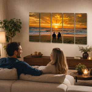 Sunset Surf Couple on the Beach Canvas Wall Art – Romantic Coastal Scene | 5-Panel Level Print