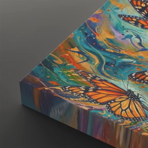 A close-up of a colorful canvas print showing a butterfly over an abstract painted background with swirling teal, blue, orange, yellow, and purple tones.