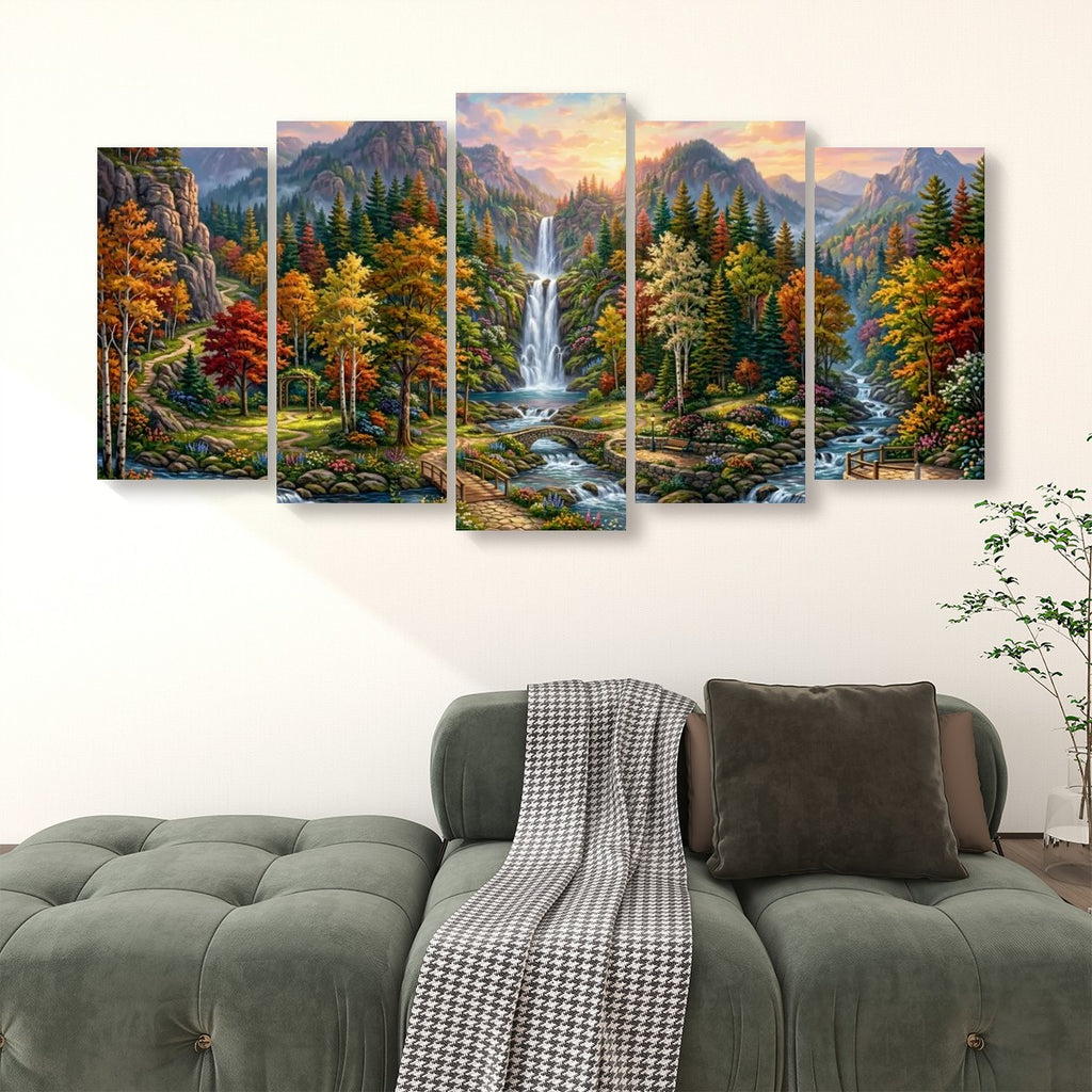 Waterfall Landscape Mountain Multi-Color Scene 5-Panel Canvas Wall Art