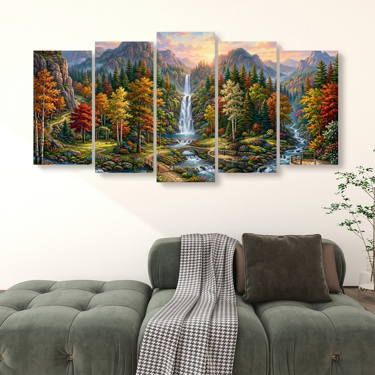 Waterfall Landscape Mountain Multi-Color Scene 5-Panel Canvas Wall Art