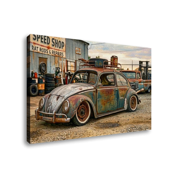 A rectangular canvas wall art print showing a weathered vintage Volkswagen Beetle parked in a rustic auto repair shop lot, with a sign reading 'SPEED SHOP RAT RODS & REPAIRS.' The artwork is photographed at an angle against a plain white background.