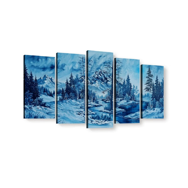 A five-panel canvas wall art set depicting a snowy mountain landscape with pine trees and blue-toned water, shown against a plain white background.