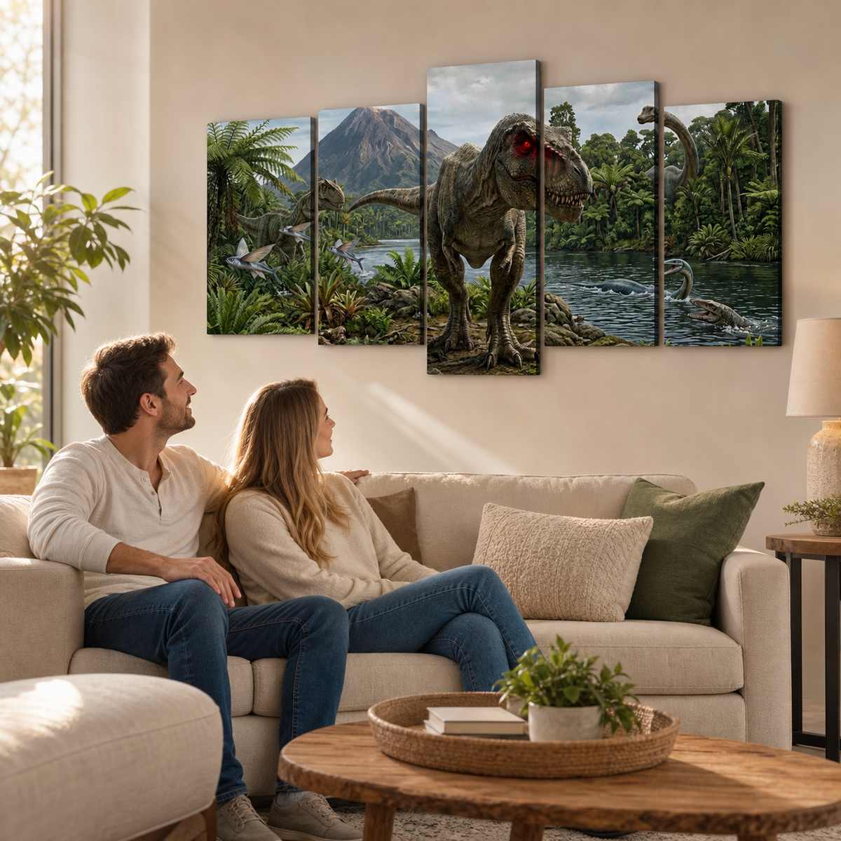 T-Rex & Carnivores Canvas Wall Art – Prehistoric Fury Dinosaur Print | 1, 3 & 5 Panel Kids & Game Room