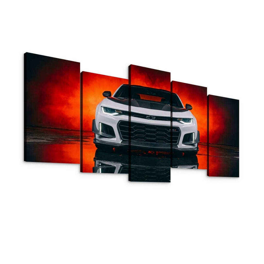 A five-panel canvas wall art set depicting a white Camaro  sports car from the front against a dramatic red and orange smoky background, shown on a plain white wall.
