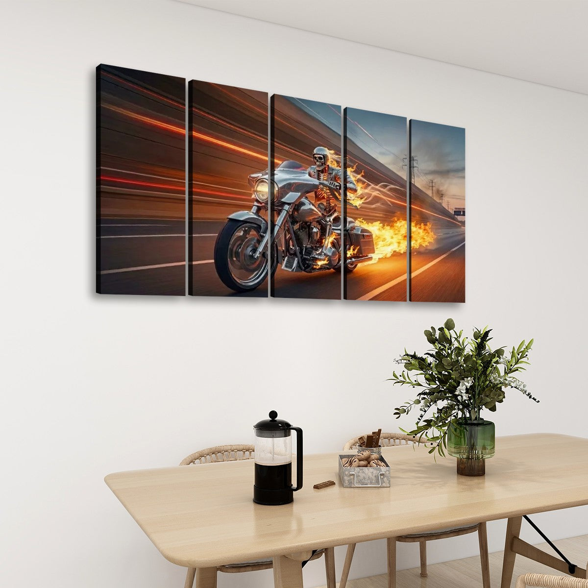 Chrome Dome Skeleton Fire Bagger Motorcycle Split Canvas Panel Wall Art | 1, 3, 5 Panel