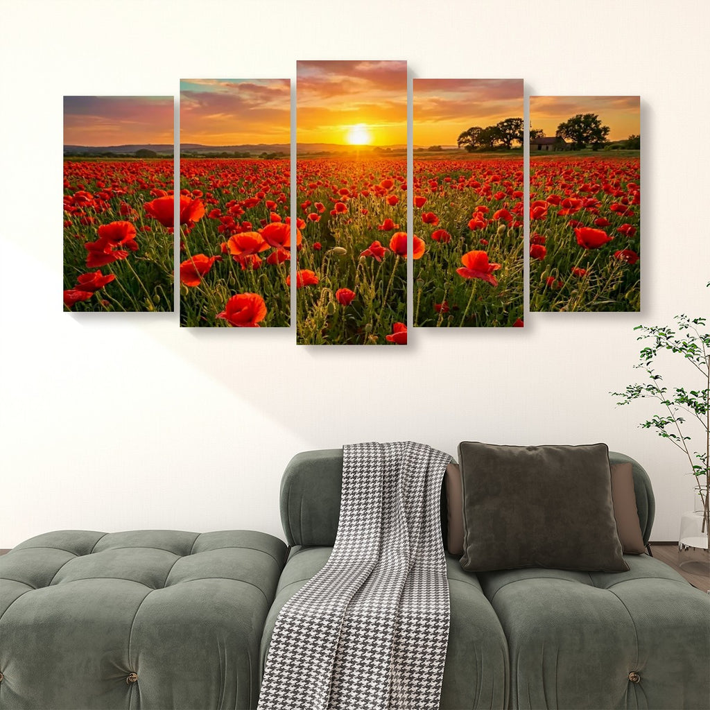 Golden Hour Poppy Field Canvas Wall Art – Fields of Fire | 5-Panel Level Nature Landscape Print