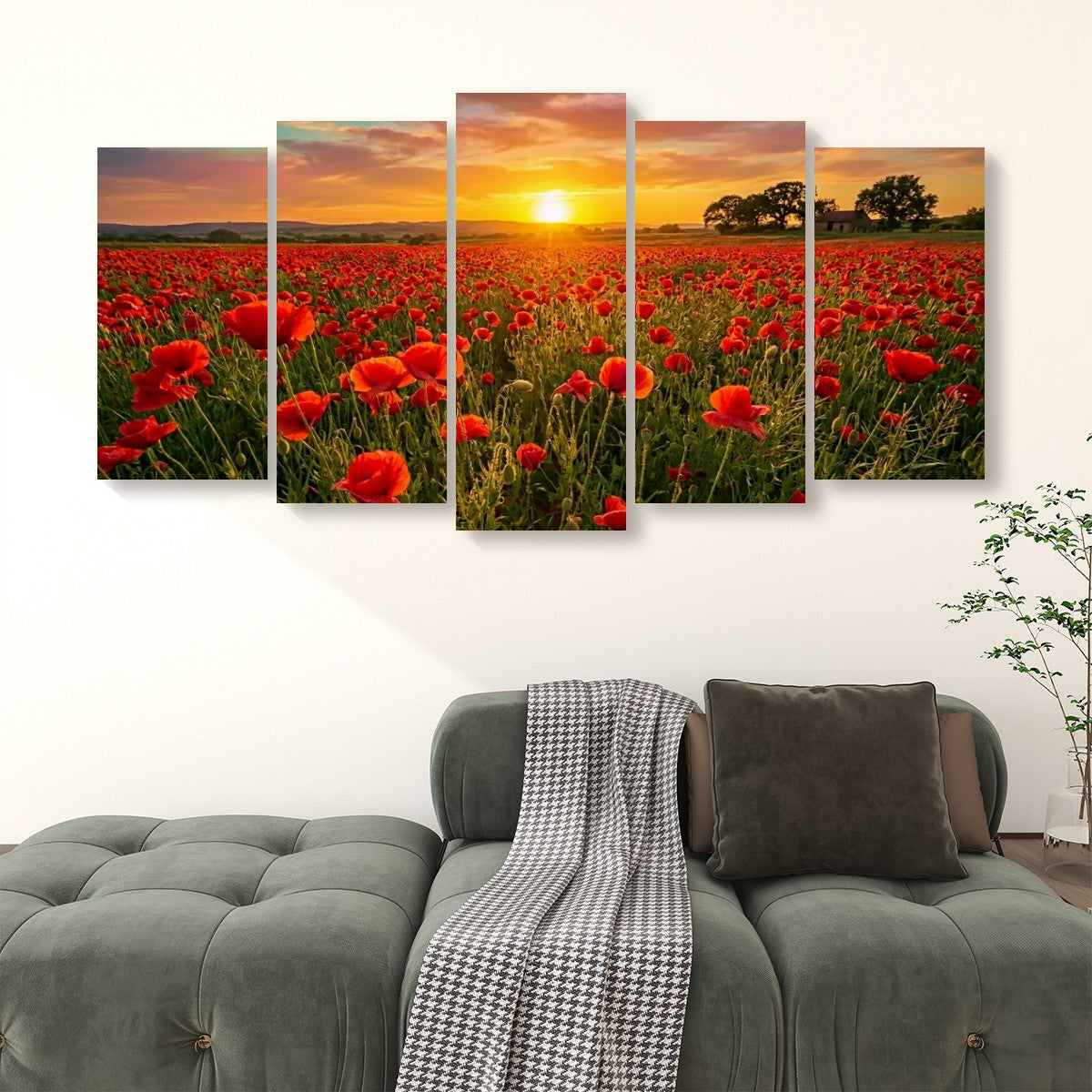 Golden Hour Poppy Field Canvas Wall Art – Fields of Fire | 5-Panel Level Nature Landscape Print