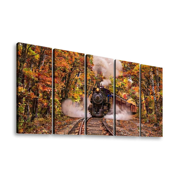 A five-panel canvas wall art set depicting a vintage steam train traveling through an autumn forest with colorful fall foliage.