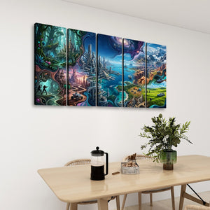A five-panel canvas wall art set depicting a colorful fantasy landscape with glowing cities, water, and mystical scenery, displayed on a white wall above a dining table with a French press and a potted plant.