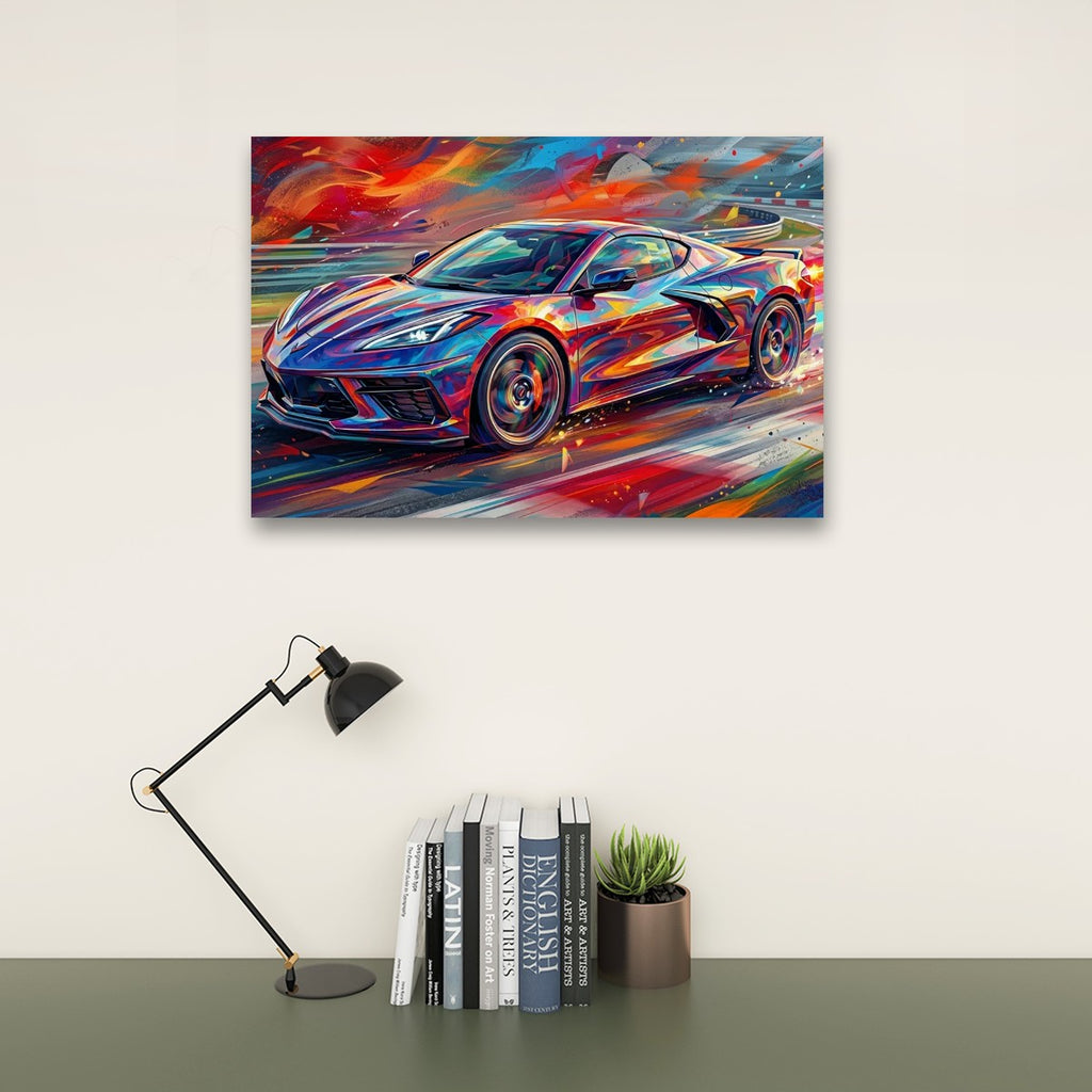 A colorful canvas wall art print depicting a Corvette sports car in a vibrant, abstract paint-stroke style, shown hanging on a light beige wall above a desk with a black lamp and books.