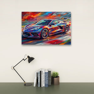 A colorful canvas wall art print depicting a Corvette sports car in a vibrant, abstract paint-stroke style, shown hanging on a light beige wall above a desk with a black lamp and books.