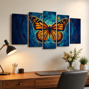 A five-panel canvas wall art set depicting a large orange and black butterfly on a swirling blue background, displayed above a wooden desk with a lamp, laptop, flowers, and a plant in a home office setting.
