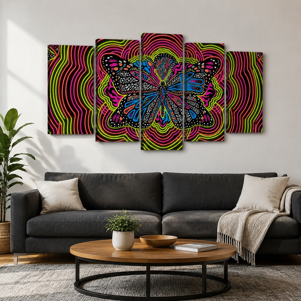 Neon Wings Psychedelic Butterfly Canvas Wall Art – Vibrant Abstract Print | 1, 3 & 5 Panel