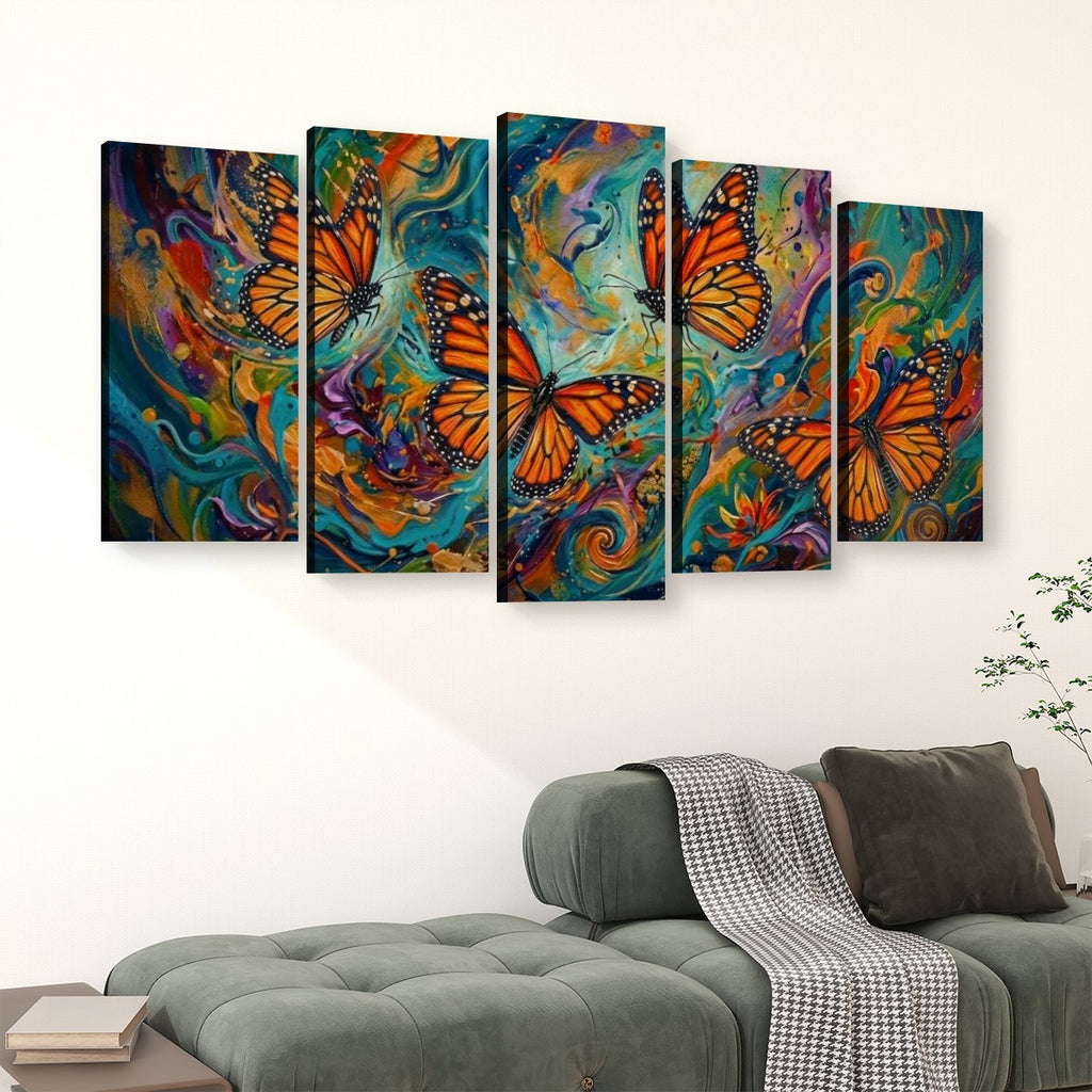 A five-panel canvas wall art set featuring vibrant orange Monarch butterflies over colorful abstract swirls, displayed above a green sofa in a modern living room setting.