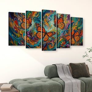 A five-panel canvas wall art set featuring vibrant orange Monarch butterflies over colorful abstract swirls, displayed above a green sofa in a modern living room setting.