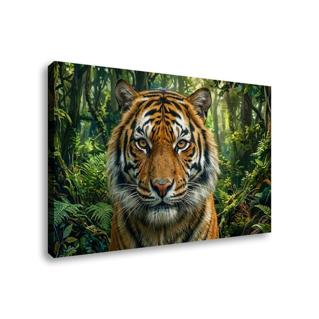 A rectangular canvas wall art print showing a close-up tiger face in a lush green jungle, photographed against a plain white background.